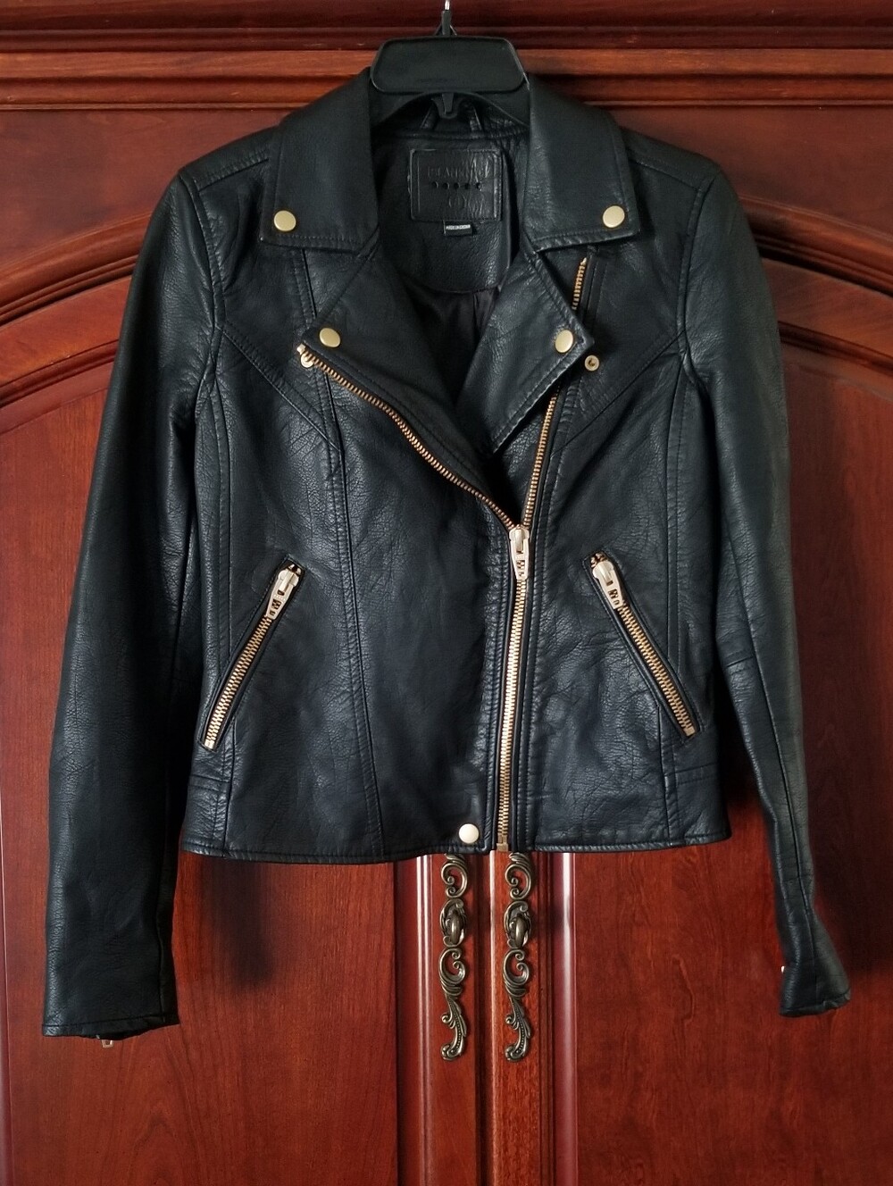 BLANKNYC Faux Leather Moto Jacket Black Gold Zip Biker Size S
